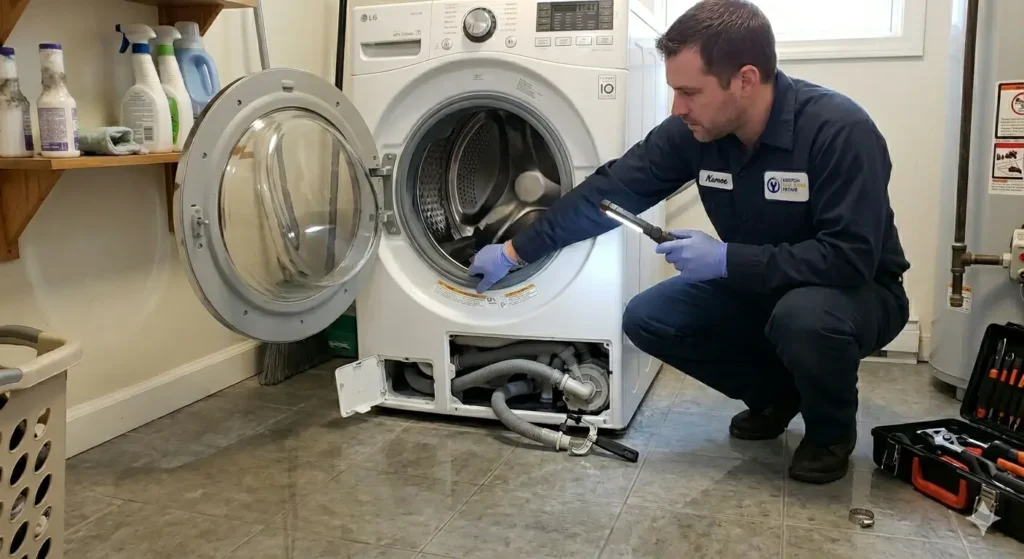 Barton Appliance Repair technician fixing a dryer in a Vancouver home.