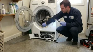 Barton Appliance Repair technician fixing a dryer in a Vancouver home.