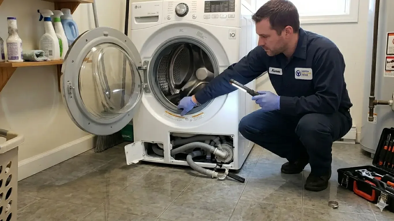 Barton technician checking a washing machine door seal for leaks in Vancouver